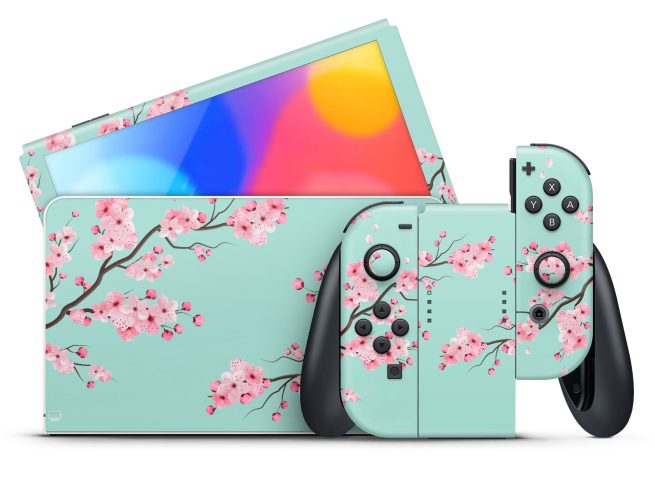 Nintendo Switch OLED Teal Cherry Blossom Skin